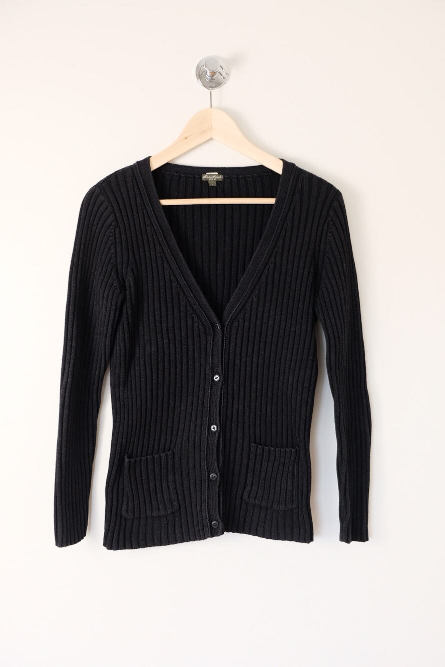 Eddie Bauer Ribbed Knit Cardigan Size L Black Classic Preppy Dark Academia